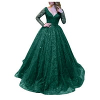 Fsqjgq tartály ruha Női Női A-Line Női Hosszú ujjú flitteres nagy Swing ruha V nyak bankett Evenning esküvői ruha zöld