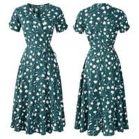Női ruhák V-nyakú térdig érő divat A-Line virágos Rövid ujjú nyári ruha zöld m