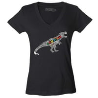 Shop4Ever Női autizmus tudatosság dinoszaurusz szó felhő Slim Fit V-nyakú póló közepes fekete