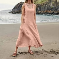 Gotyou nyári ruha Női Divat Alkalmi Egyszínű Ujjatlan Pamut vászon zseb ruha rózsaszín 2XL