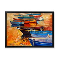 Hajók meleg színű naplemente alatt a kikötőben, keretes festmény vászon art nyomtatás