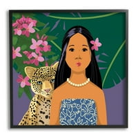 Stupell Industries Portré Girl Leopard Friend Pink Flowers Level, 30, Sally Springer Griffith tervezése