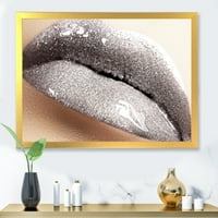A női ajkak közeli képe csillogó ezüst keretes fényképezésű vászon art nyomtatás